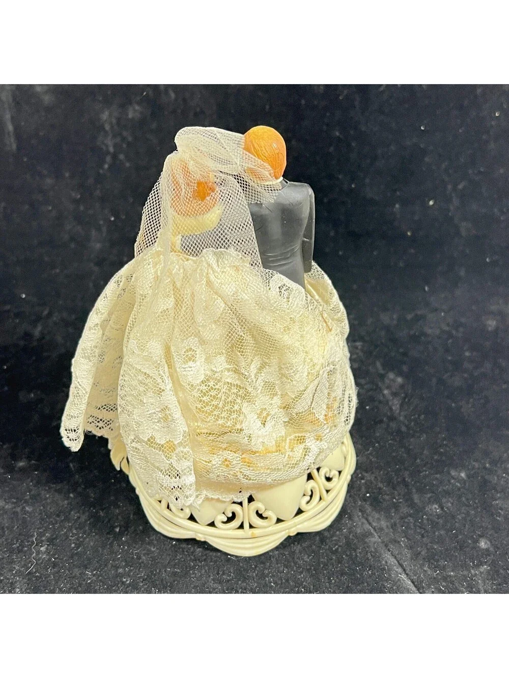 Vintage Wedding Cake Topper Bride and Groom Figurine with Lace Dress and Veil